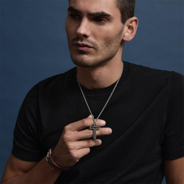 Mens steel & carbon fibre Paladin cross necklace from Najo
