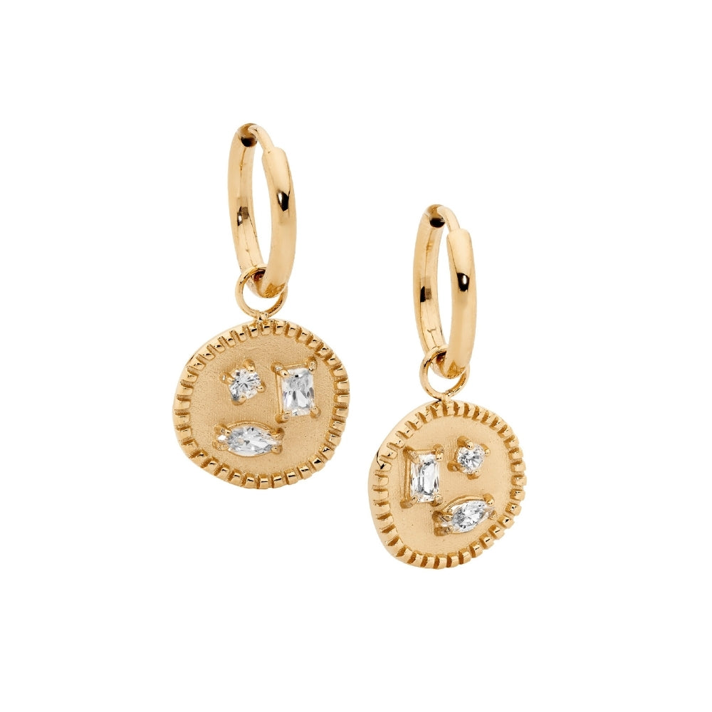 Ellani hoops with crystal set disks in gold plated stainless steel