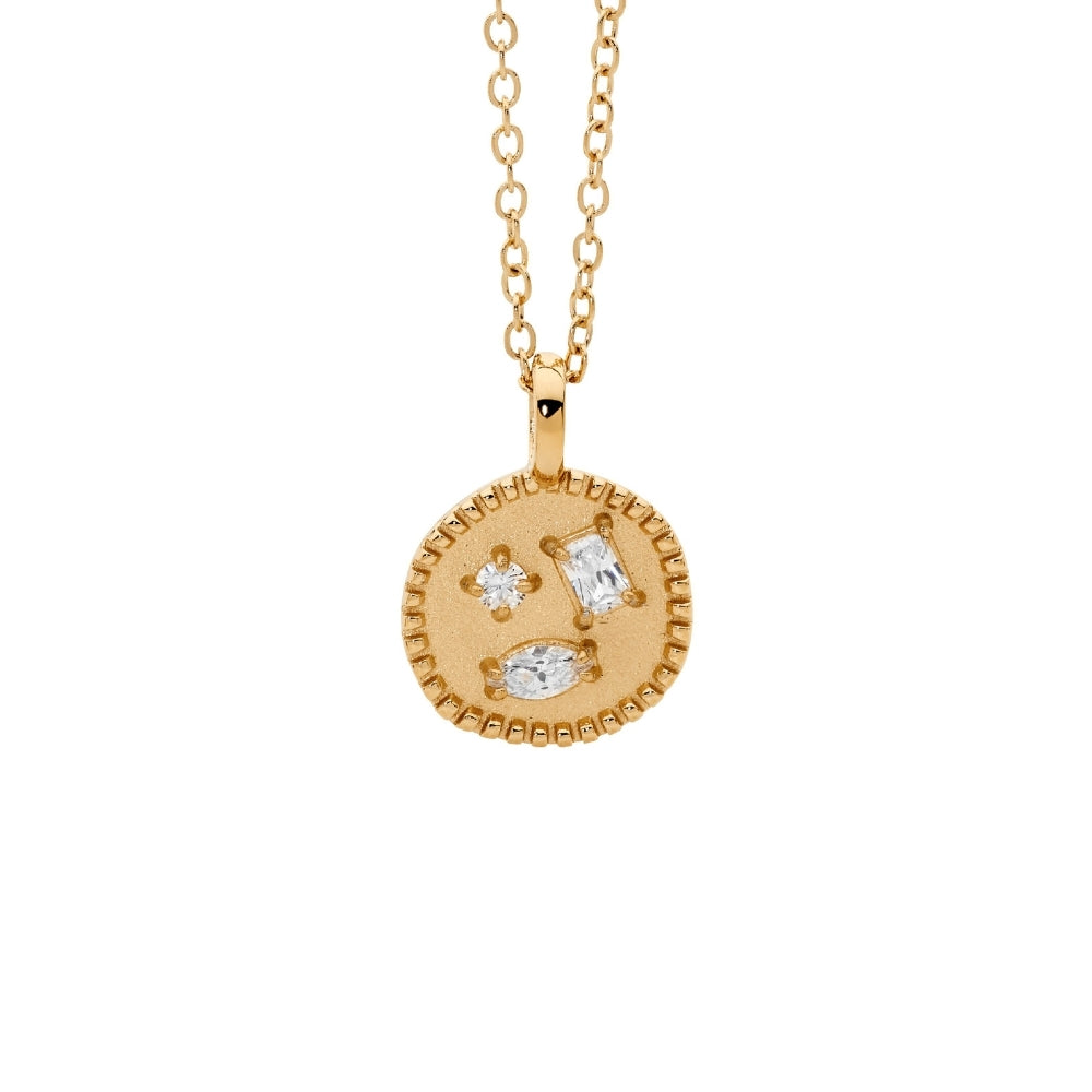 Ellani - crystal set disk pendant on 40cm chain plus 5cm extension in gold plated stainless steel
