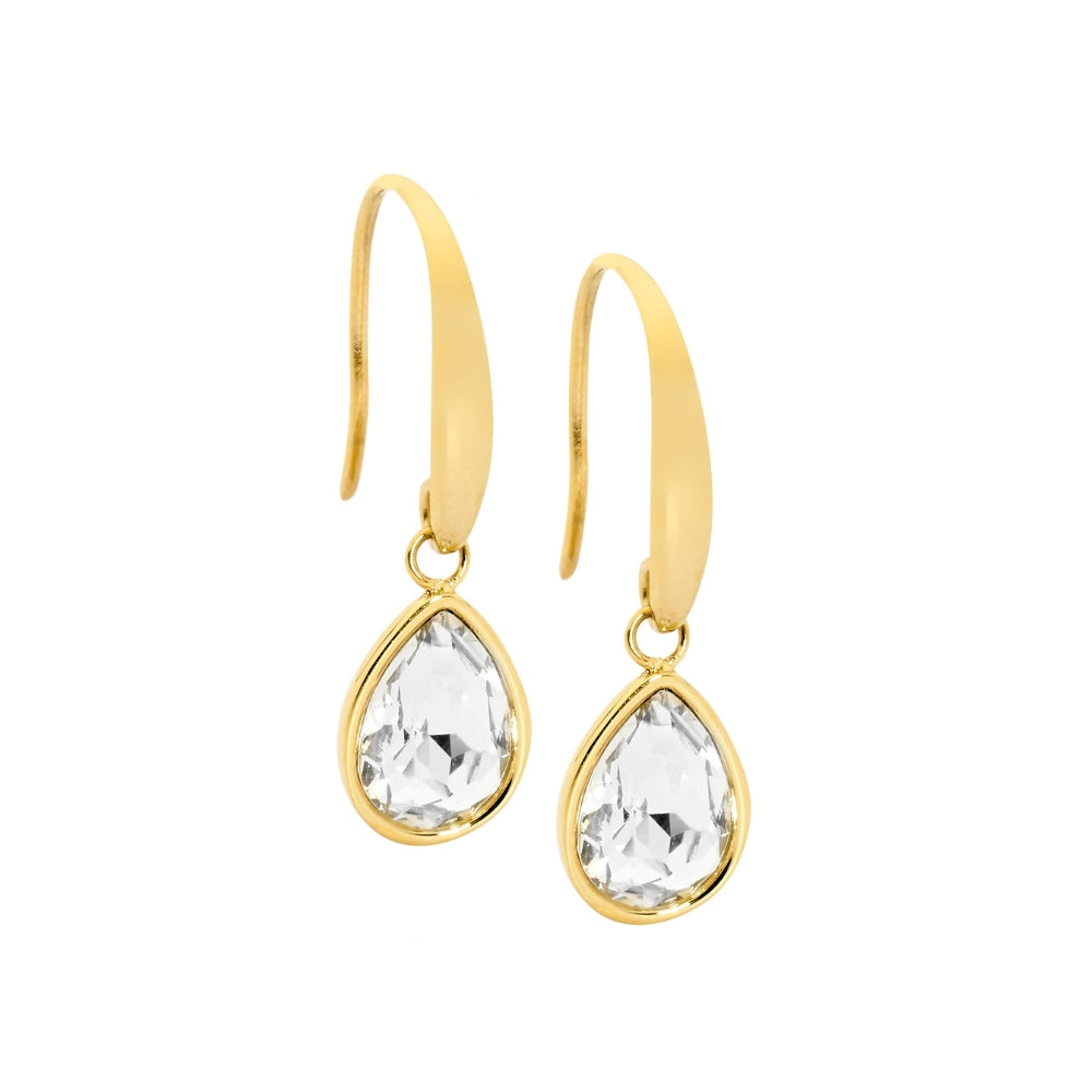 Ellani gold plated stainless steel drop hook earring with white glass