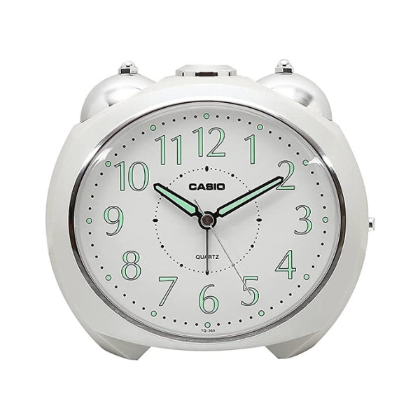 Casio analogue desktop alarm clock with bell alarm in white