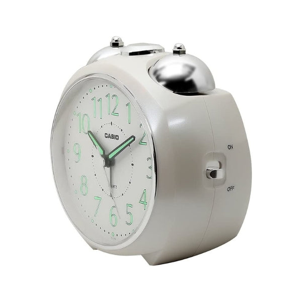 Casio analogue desktop alarm clock with bell alarm in white