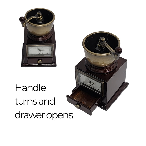 Collectable bronze coloured coffee grinder analogue clock