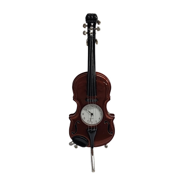 Collectable violin analogue clock on stand in bronze colour